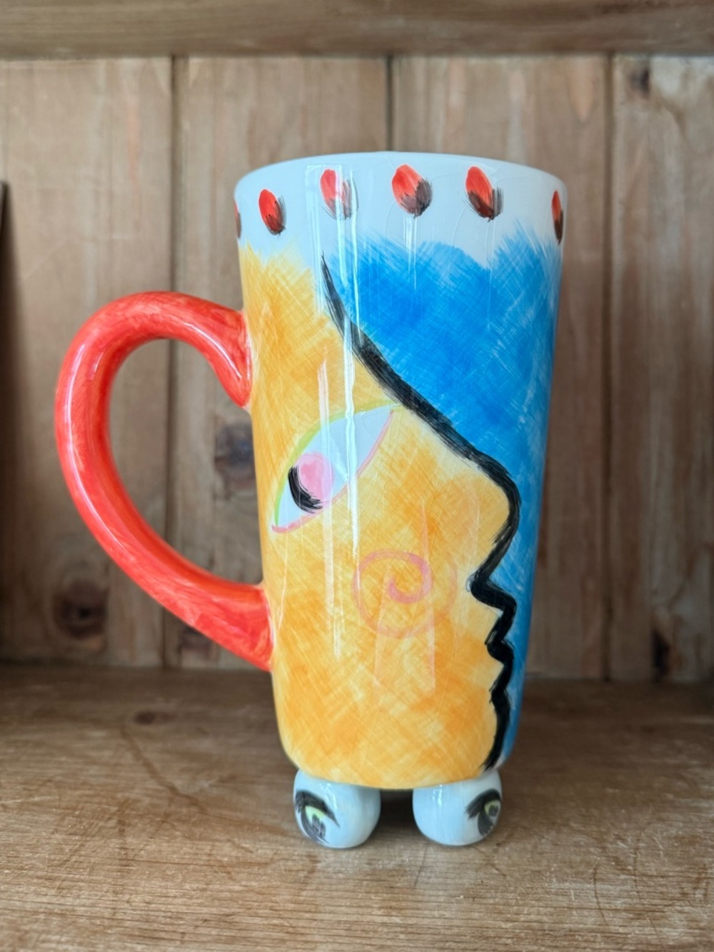 Hand-Painted Blue & Yellow Ceramic Art Mug with Red Handle - Picture 2 of 5